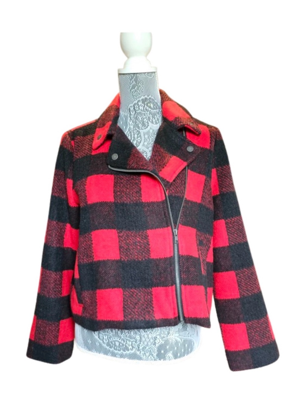 Jack by BB Dakota Red & Black Buffalo Plaid Moto Jacket – Size M